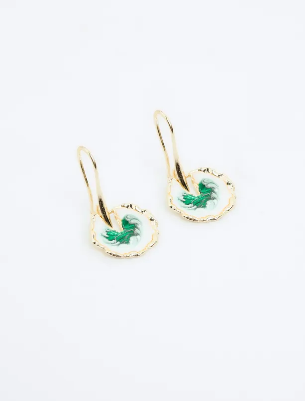Women Green Flower Figured Enamel Earrings
