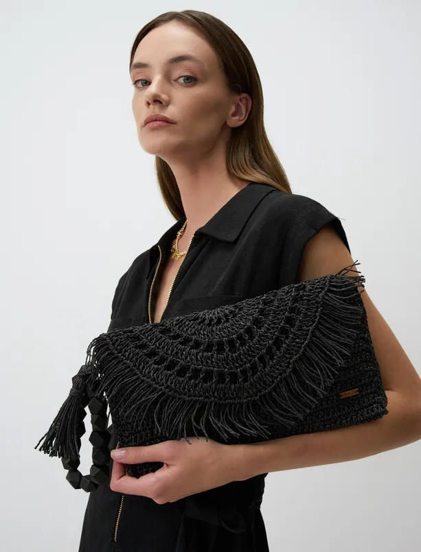 Bayan Siyah Örgü Hasır Clutch Çanta