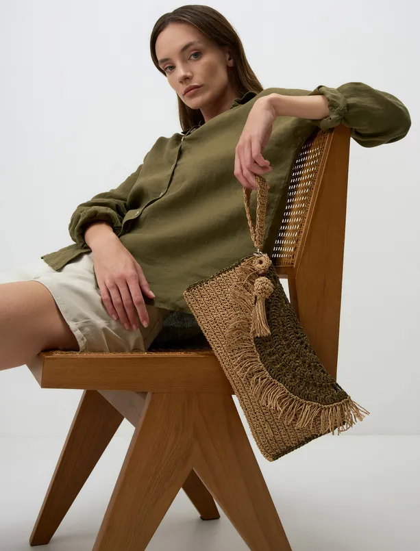 Bayan Haki Hasır Örgü Clutch Çanta
