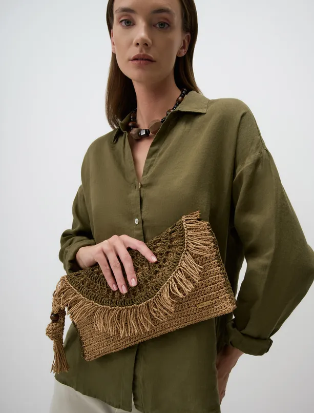 Bayan Haki Hasır Örgü Clutch Çanta