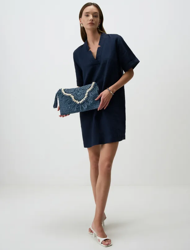 Bayan Mavi Detaylı Hasır Örgü Clutch Çanta