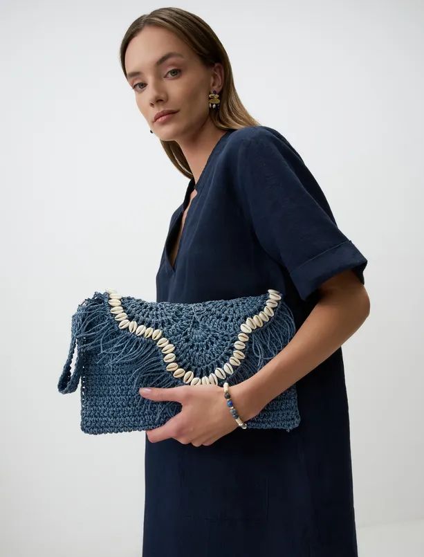 Bayan Mavi Detaylı Hasır Örgü Clutch Çanta