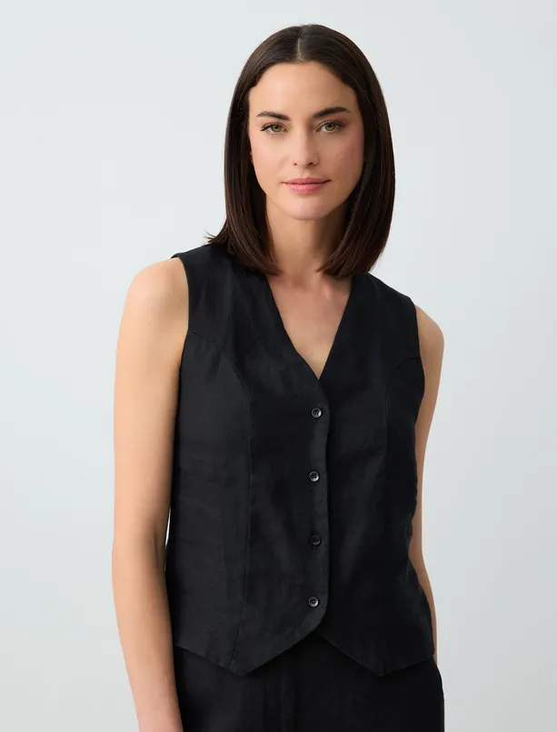Women Black 100% Linen V-neck Sleeveless Plain Vest