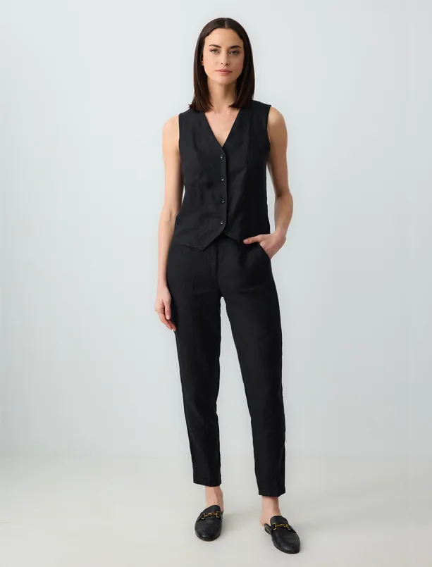 Women Black 100% Linen V-neck Sleeveless Plain Vest