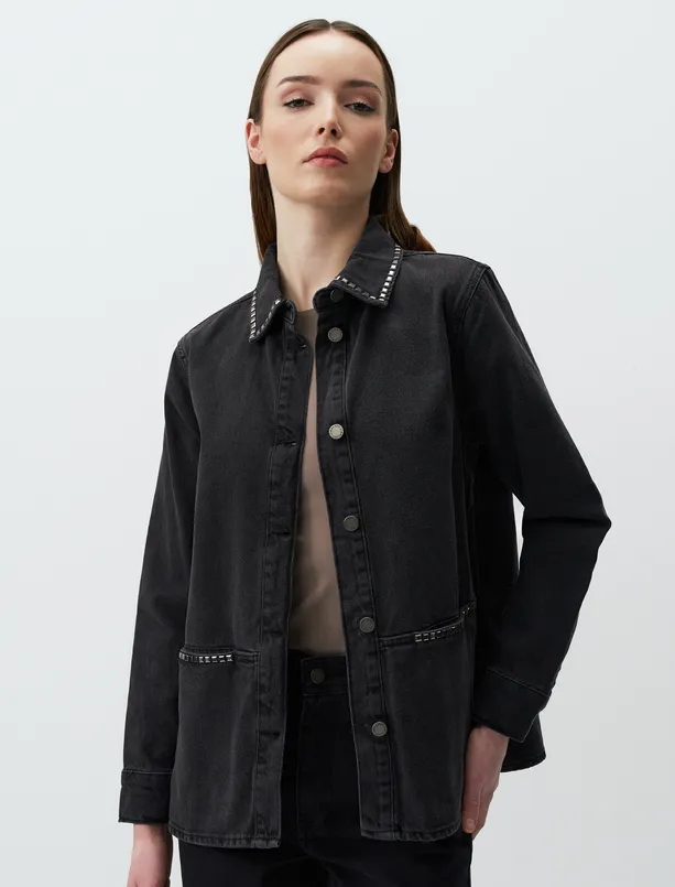 Bayan Koyu Antrasit Uzun Kollu Taş Baskılı Denim Ceket