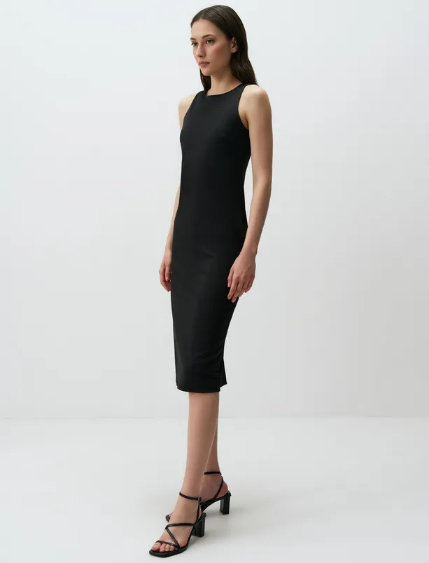 Women Black Crew Neck Sleeveless Basic Midi Dress