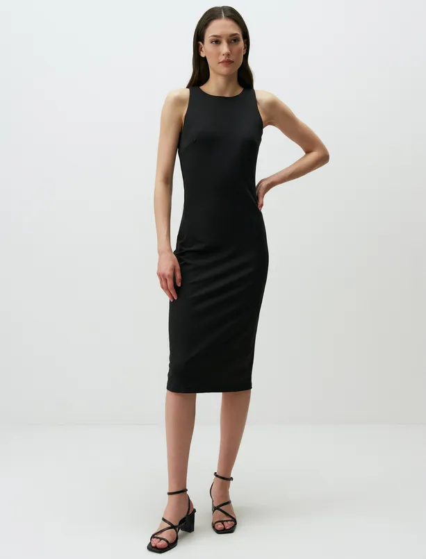 Women Black Crew Neck Sleeveless Basic Midi Dress