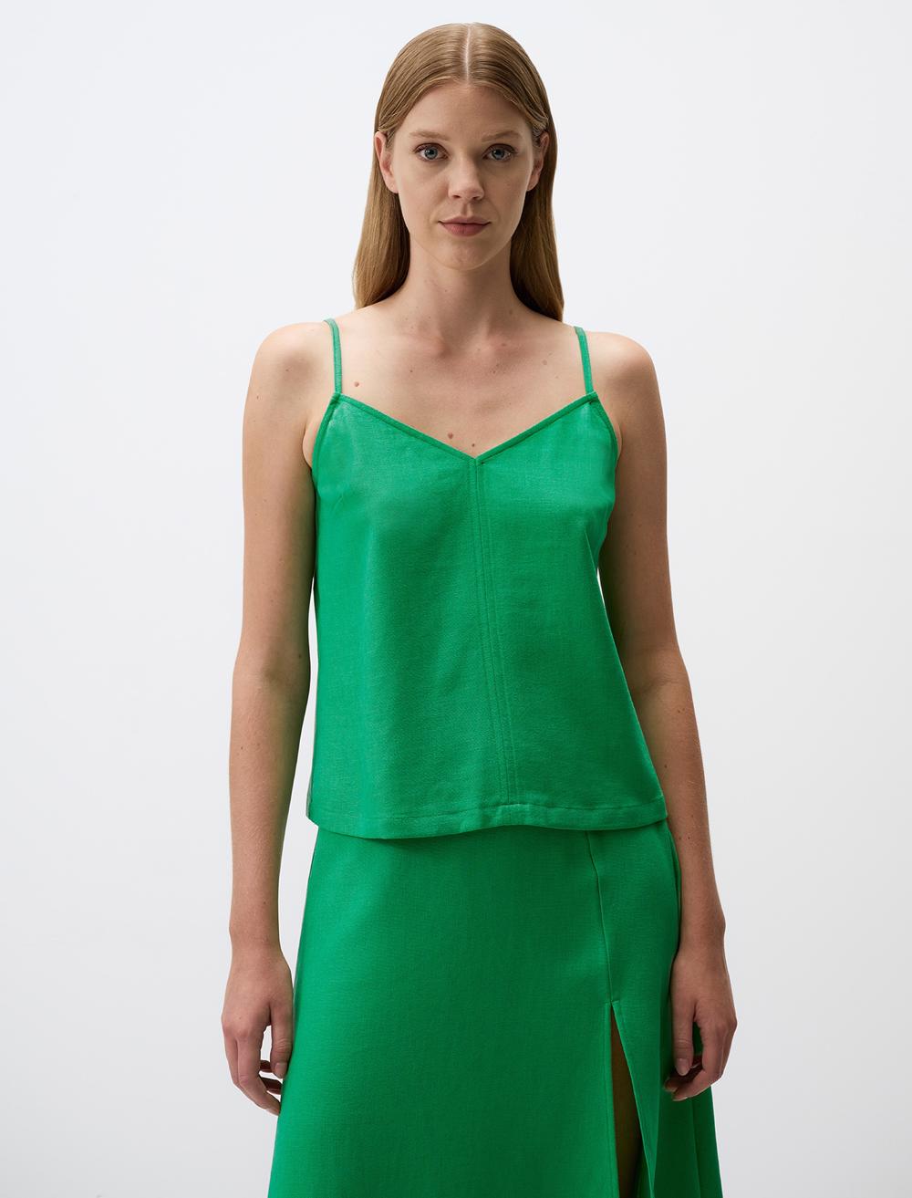 Rahat Kesim Askılı V Yaka Keten Karışımlı Bluz