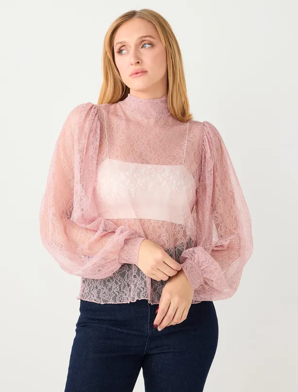 Bayan Pembe Dantel Detaylı Boyundan Bağlı Örme Bluz