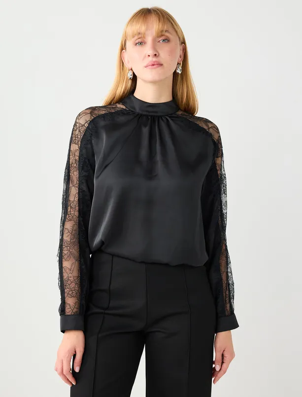 Bayan  Dik Yaka Kollu Dantel Detaylı Saten Dokuma Bluz