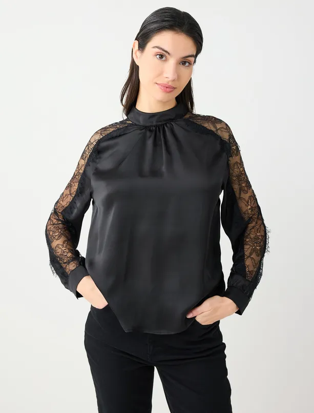 Bayan  Dik Yaka Kollu Dantel Detaylı Saten Dokuma Bluz