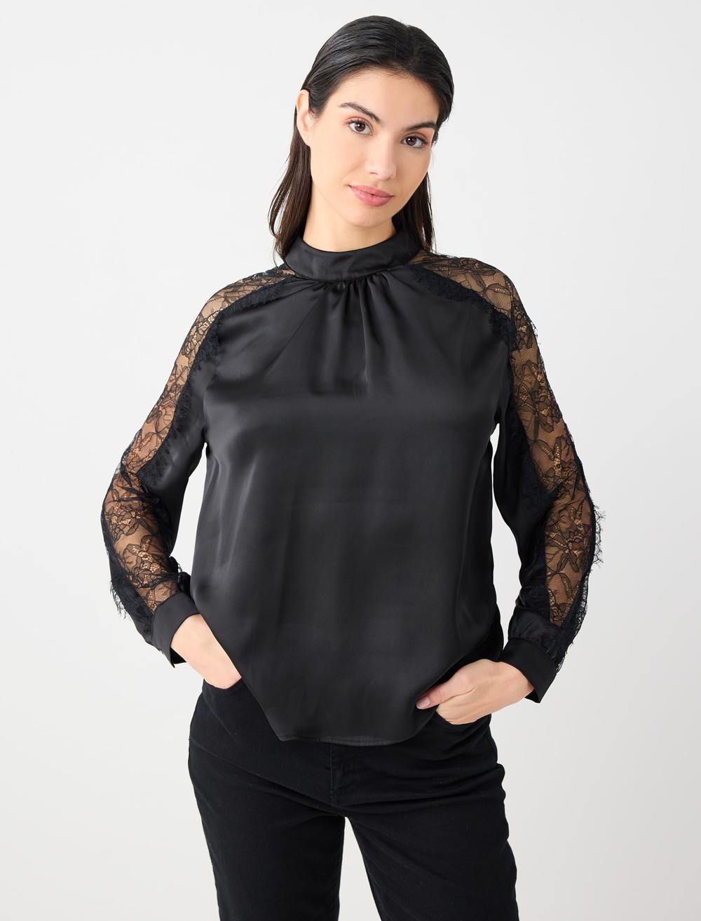 Dik Yaka Kollu Dantel Detaylı Saten Dokuma Bluz