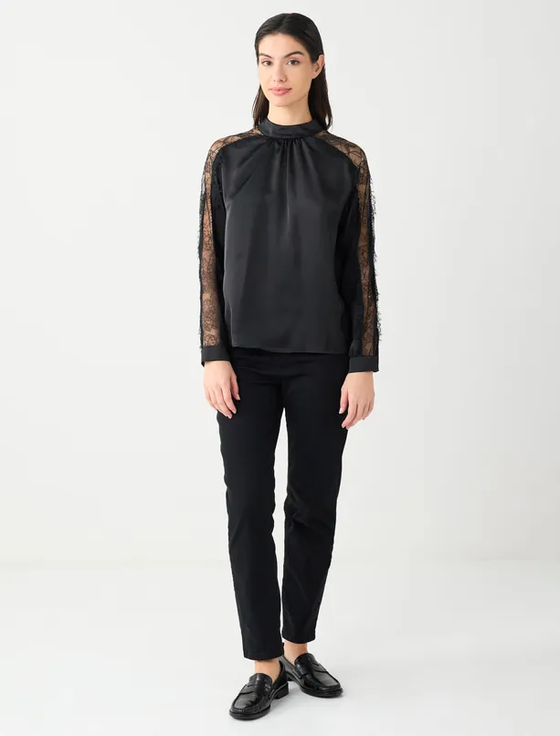 Bayan Siyah Dik Yaka Kollu Dantel Detaylı Saten Dokuma Bluz