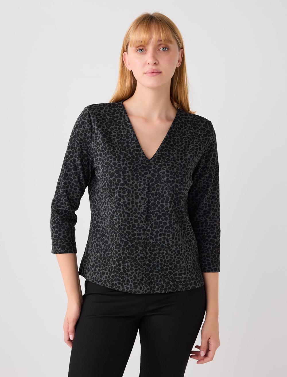 V Yaka Leopar Desenli Vatkalı Uzun Kollu Bluz
