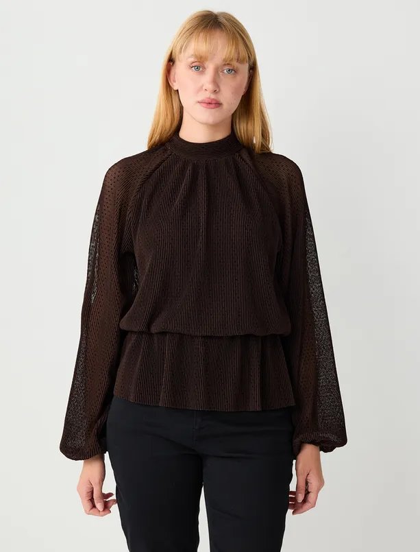 Bayan  Rahat Kesim Dik Yaka Desenli Mesh Örme Bluz