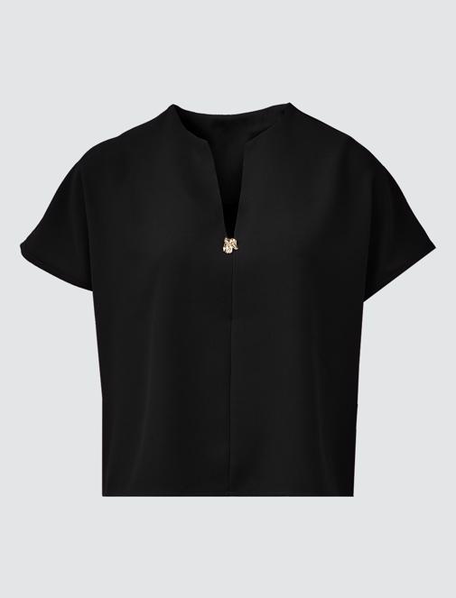 Siyah V Yaka Kısa Kollu Dokuma Bluz