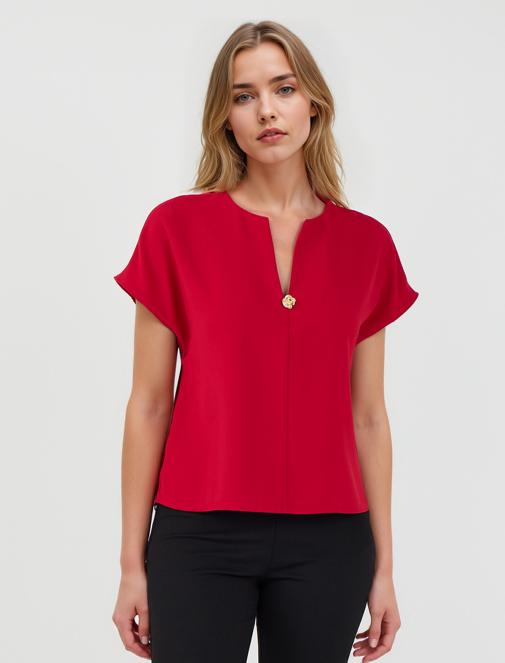 Kırmızı V Yaka Kısa Kollu Dokuma Bluz	