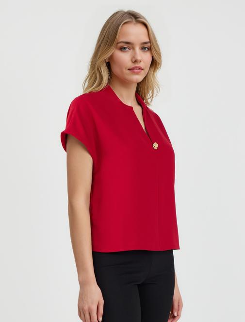 Kırmızı V Yaka Kısa Kollu Dokuma Bluz	