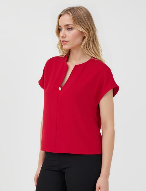 Kırmızı V Yaka Kısa Kollu Dokuma Bluz	