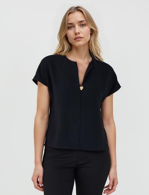 Siyah V Yaka Kısa Kollu Dokuma Bluz