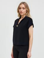 Siyah V Yaka Kısa Kollu Dokuma Bluz