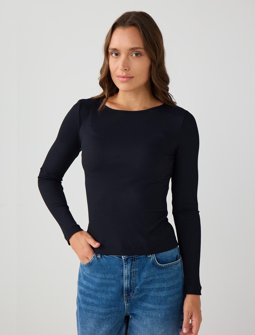 Dar Kesim Kayık Yaka Örme Bluz