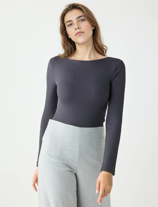 Bayan Antrasit Dar Kesim Kayık Yaka Örme Bluz