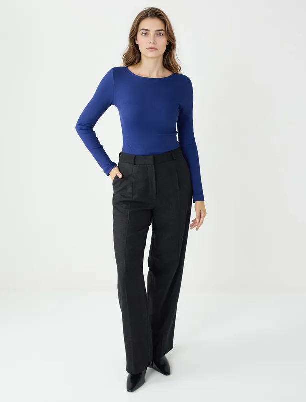 Bayan Lacivert Dar Kesim Kayık Yaka Örme Bluz