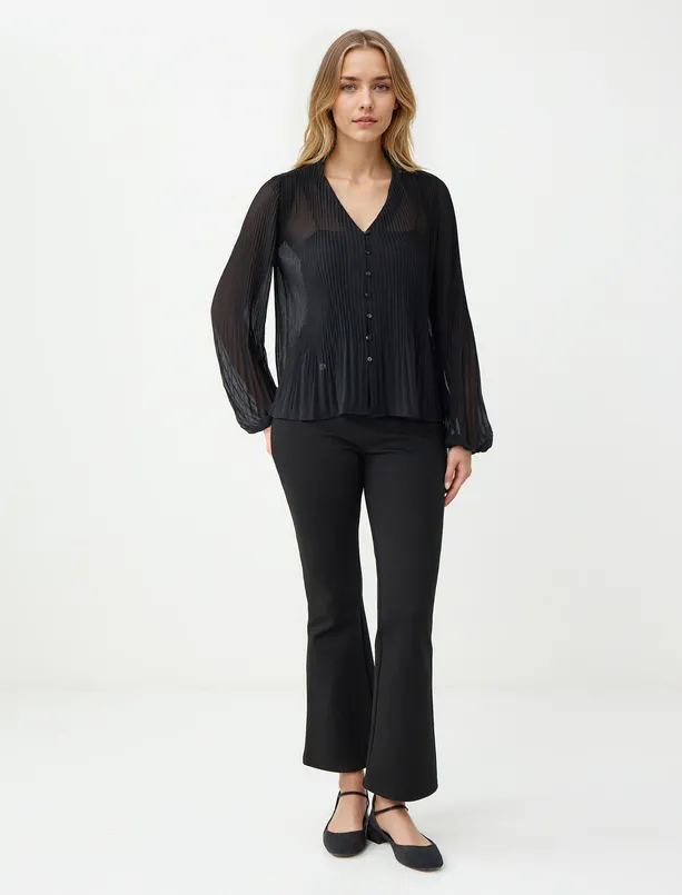 Women Black V Neck Long Sleeve Chiffon Woven Blouse