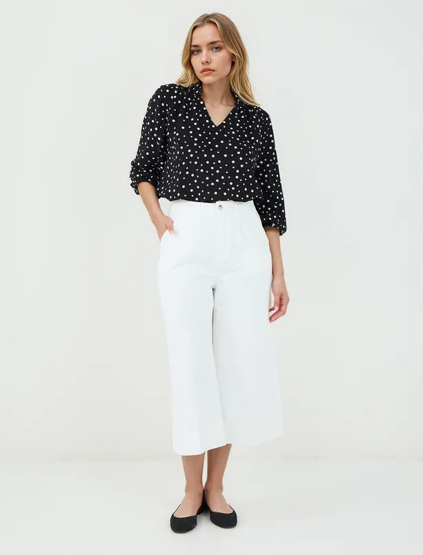 Women Black Relaxed Fit Trouser Sleeve V-Neck Polka Dot Blouse
