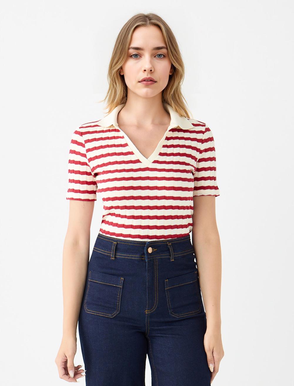 Kısa Kollu Gömlek Yaka Çizgili Örme Bluz