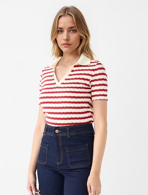 Kırmızı Kısa Kollu Gömlek Yaka Çizgili Örme Bluz	