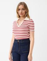 Kırmızı Kısa Kollu Gömlek Yaka Çizgili Örme Bluz	