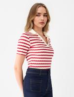 Kırmızı Kısa Kollu Gömlek Yaka Çizgili Örme Bluz	