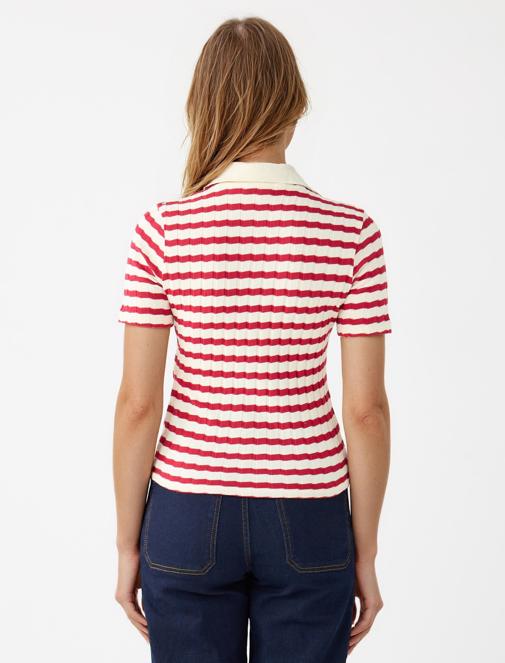 Kırmızı Kısa Kollu Gömlek Yaka Çizgili Örme Bluz	