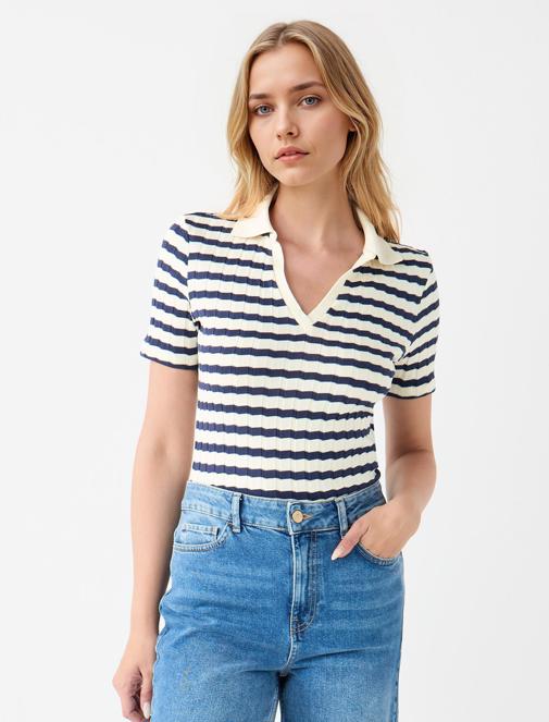 Lacivert Kısa Kollu Gömlek Yaka Çizgili Örme Bluz	