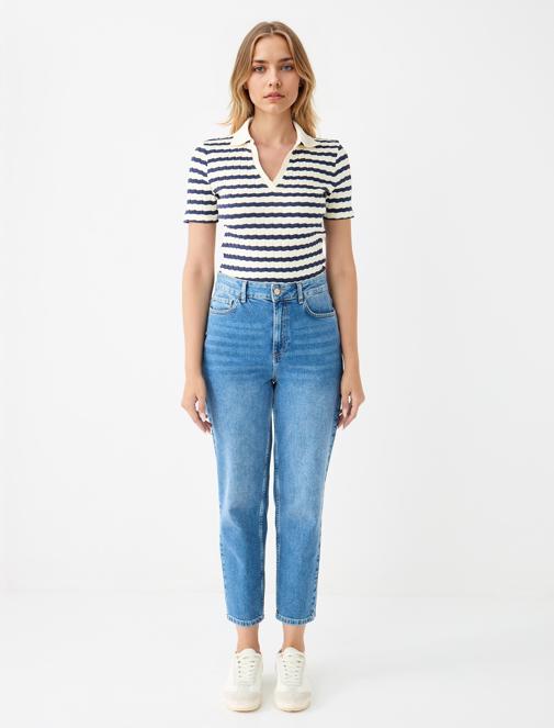 Lacivert Kısa Kollu Gömlek Yaka Çizgili Örme Bluz	