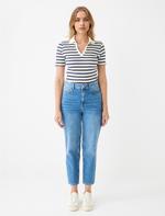 Lacivert Kısa Kollu Gömlek Yaka Çizgili Örme Bluz	