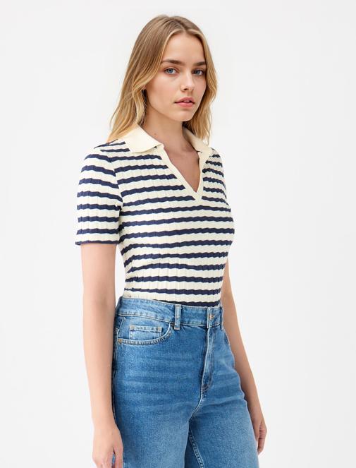 Lacivert Kısa Kollu Gömlek Yaka Çizgili Örme Bluz	