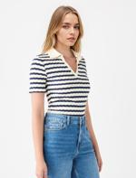 Lacivert Kısa Kollu Gömlek Yaka Çizgili Örme Bluz	