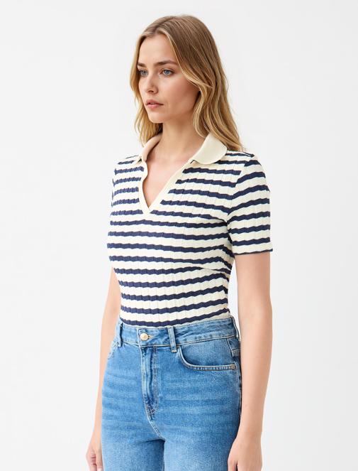 Lacivert Kısa Kollu Gömlek Yaka Çizgili Örme Bluz	