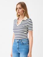 Lacivert Kısa Kollu Gömlek Yaka Çizgili Örme Bluz	