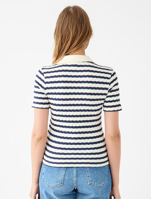 Lacivert Kısa Kollu Gömlek Yaka Çizgili Örme Bluz	