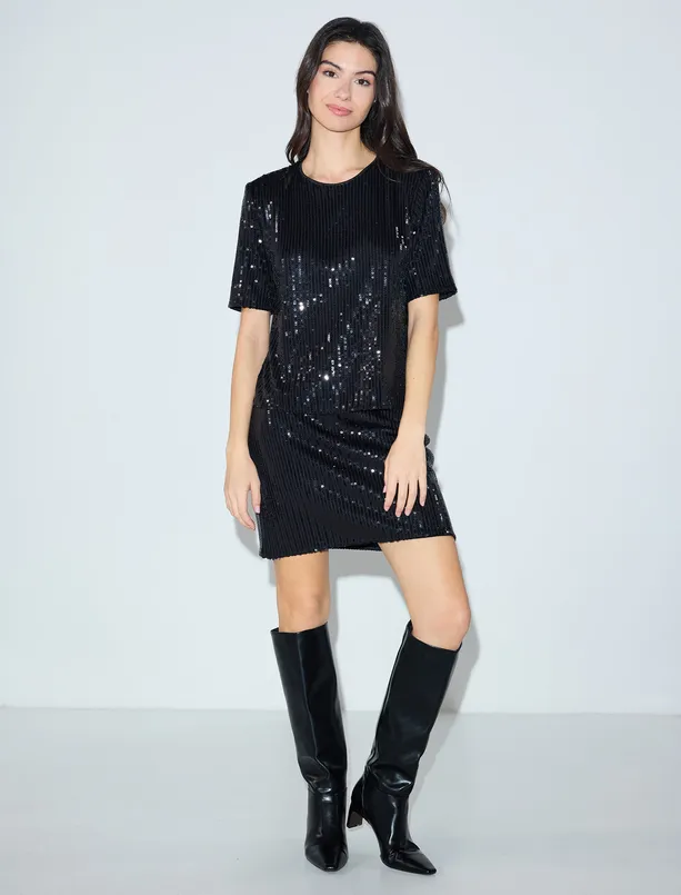 Bayan  Rahat Kesim Yuvarlak Yaka Payetli Örme Bluz