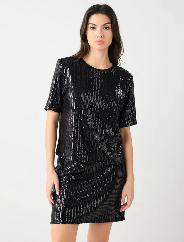 Bayan Siyah Rahat Kesim Yuvarlak Yaka Payetli Örme Bluz