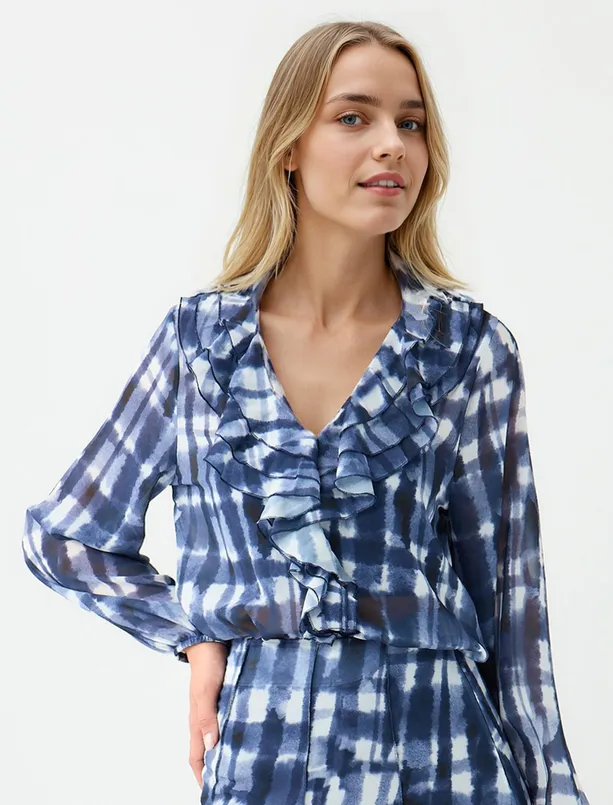 Women Dark Blue V Neck Long Sleeve Patterned Woven Blouse
