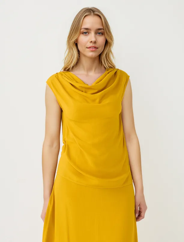 Women Mustard Boat Neck Sleeveless Woven Blouse