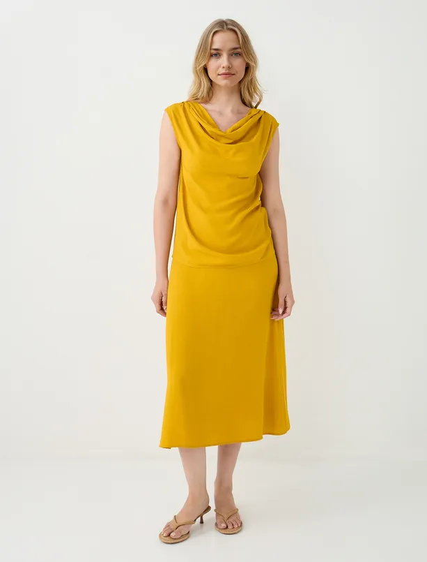 Women Mustard Boat Neck Sleeveless Woven Blouse