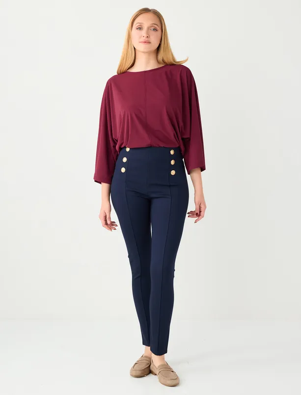 Bayan Bordo Yuvarlak Yaka Yarasa Kol Örme Bluz