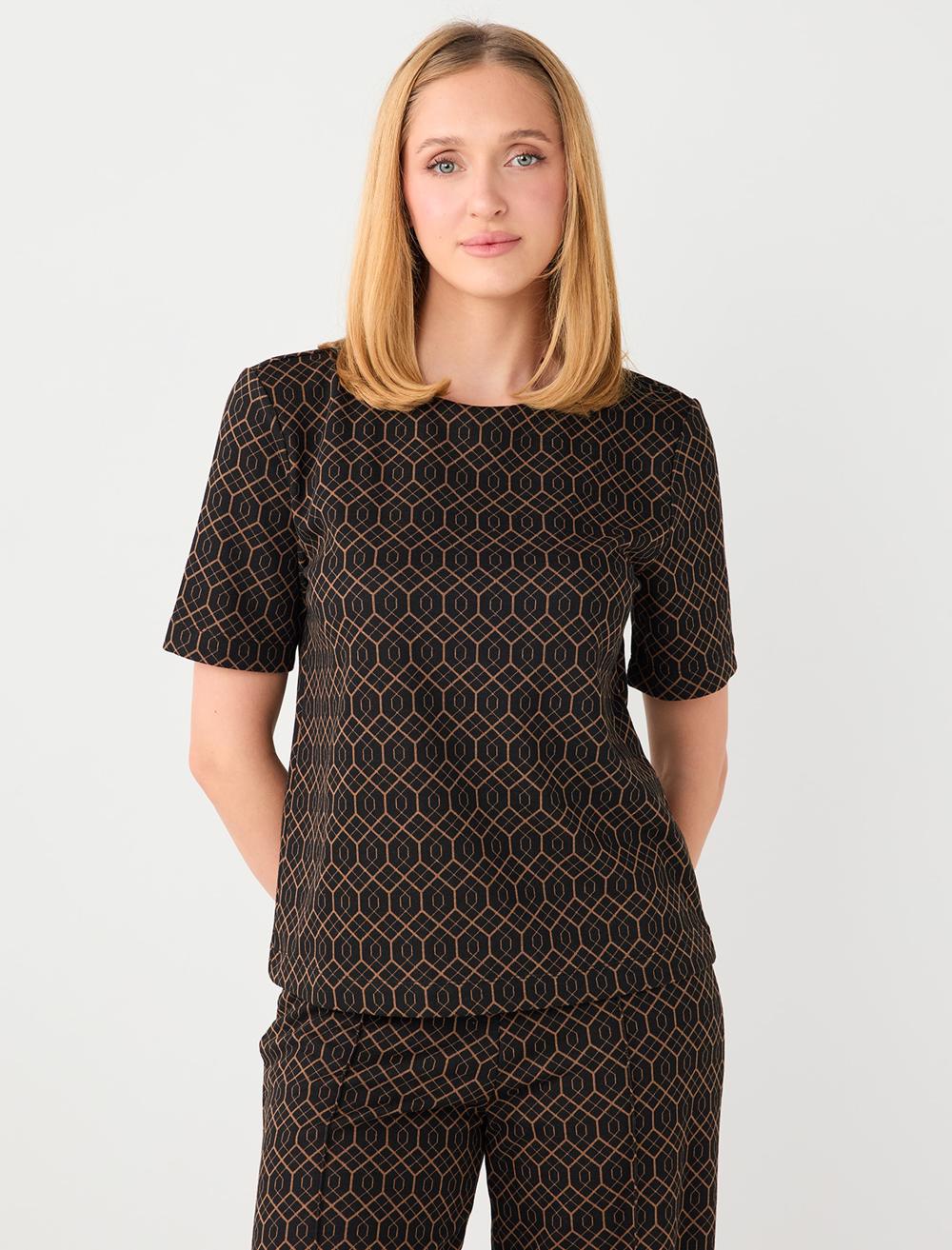Kısa Kollu Bisiklet Yaka Geometrik Desenli Örme Bluz